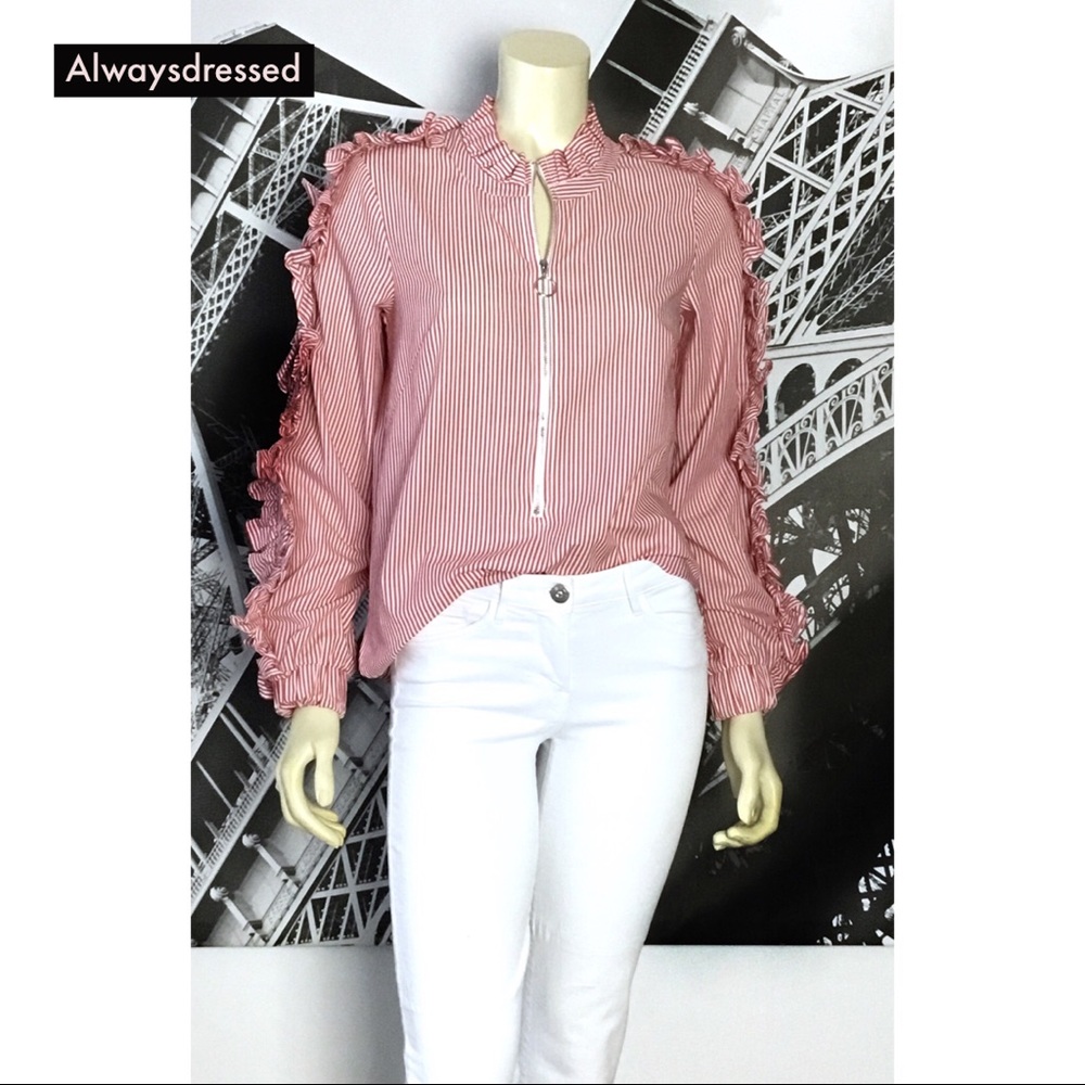 GREYSON Red and White Ruffle Sleeve Shirt